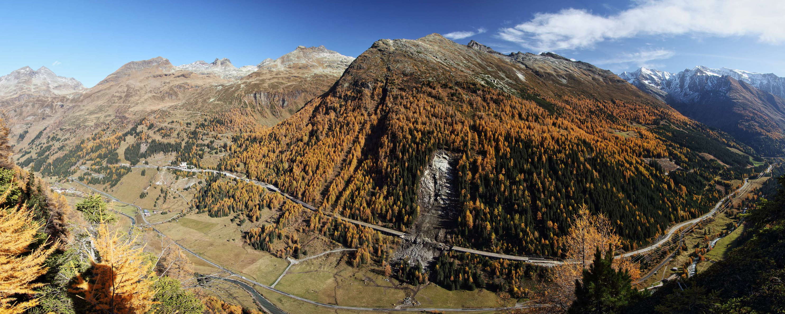 This rock slide destroyed a protection tunnel of the Felbertauern Highway on May 14, 2013 without causing casualties. The road connection was closed for more than two months until the construction of a bypass road was completed. This road leads from the tunnel portal in the left centre of the image down to the valley bottom at the left edge. WI_at051.jpg