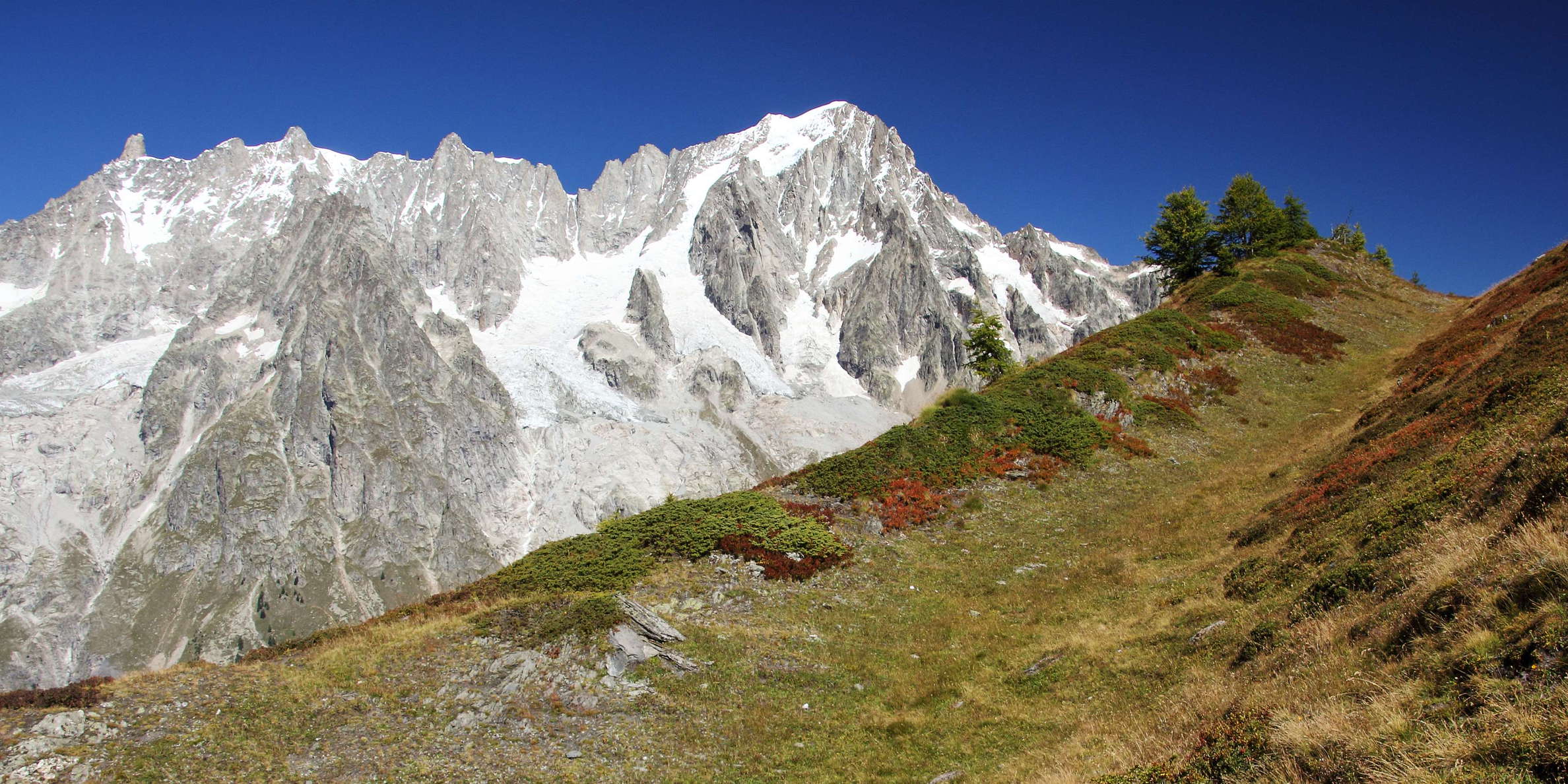 Les Grandes Jorasses (4208 m) appear in the background. The prominent ridge in the foreground represents a backscarp, indicating the deformations characteristic for the northwestern slope of Mont de la Saxe. WI_e2047_109.jpg