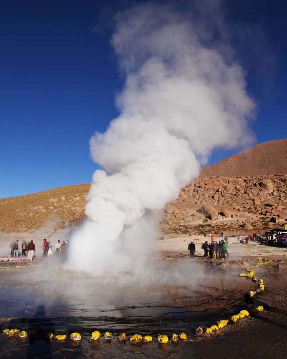 The geothermal field of El Tatio - often referred to as a geyser field due to its large number of geysers - is located at an elevation of 4320 m a.s.l. It is a major tourist attraction, but there has also been controversy about a possible exploitation of the geothermal energy. WI_ch358c.jpg