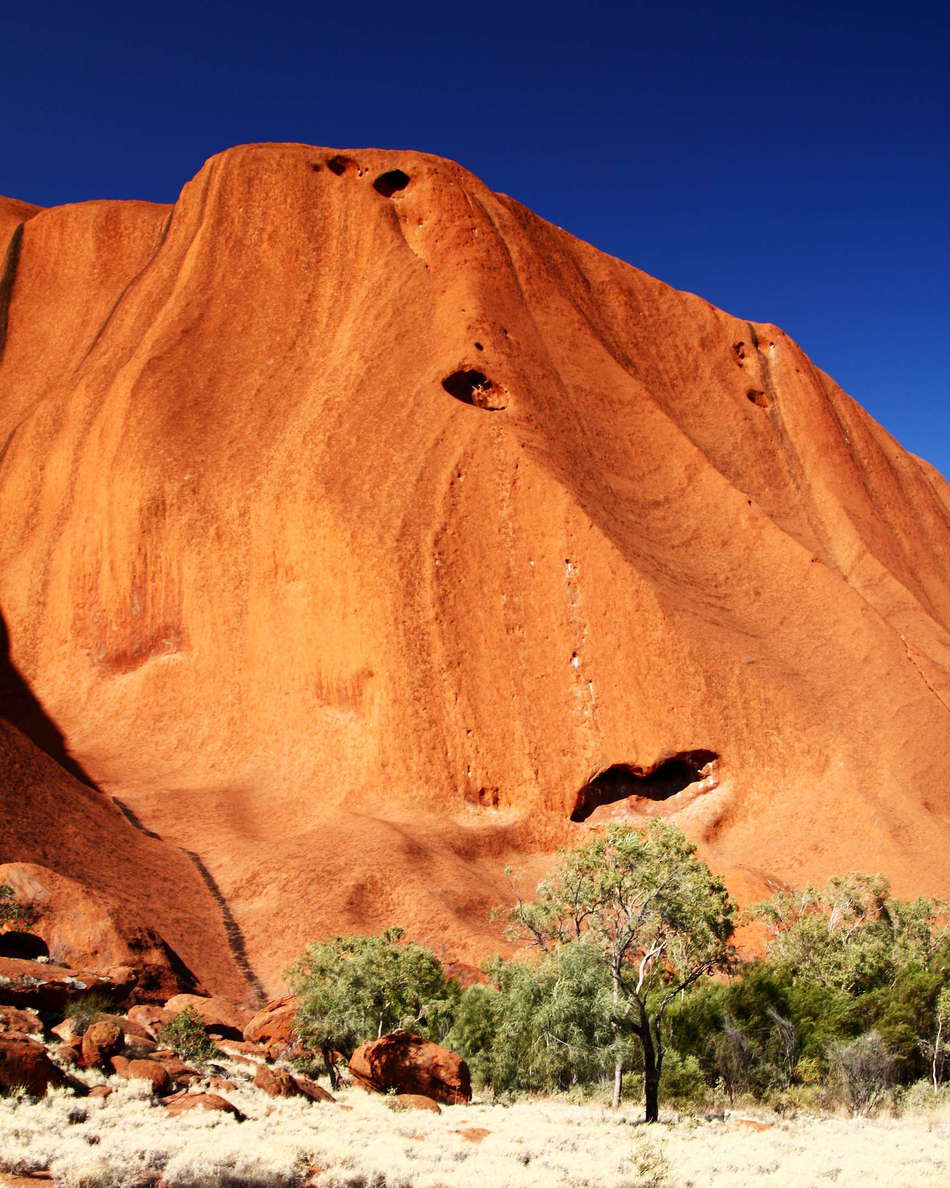 Location: Uluru-Kata Tjuta National Park. This inselberg consists of Mutitjulu arkose (a formation of fluvial sandstone). At a summit elevation of 863 m, Uluru rises approx. 350 m above the surrounding plains and has a high spiritual significance to the local Anangu people. WI_nt084a.jpg