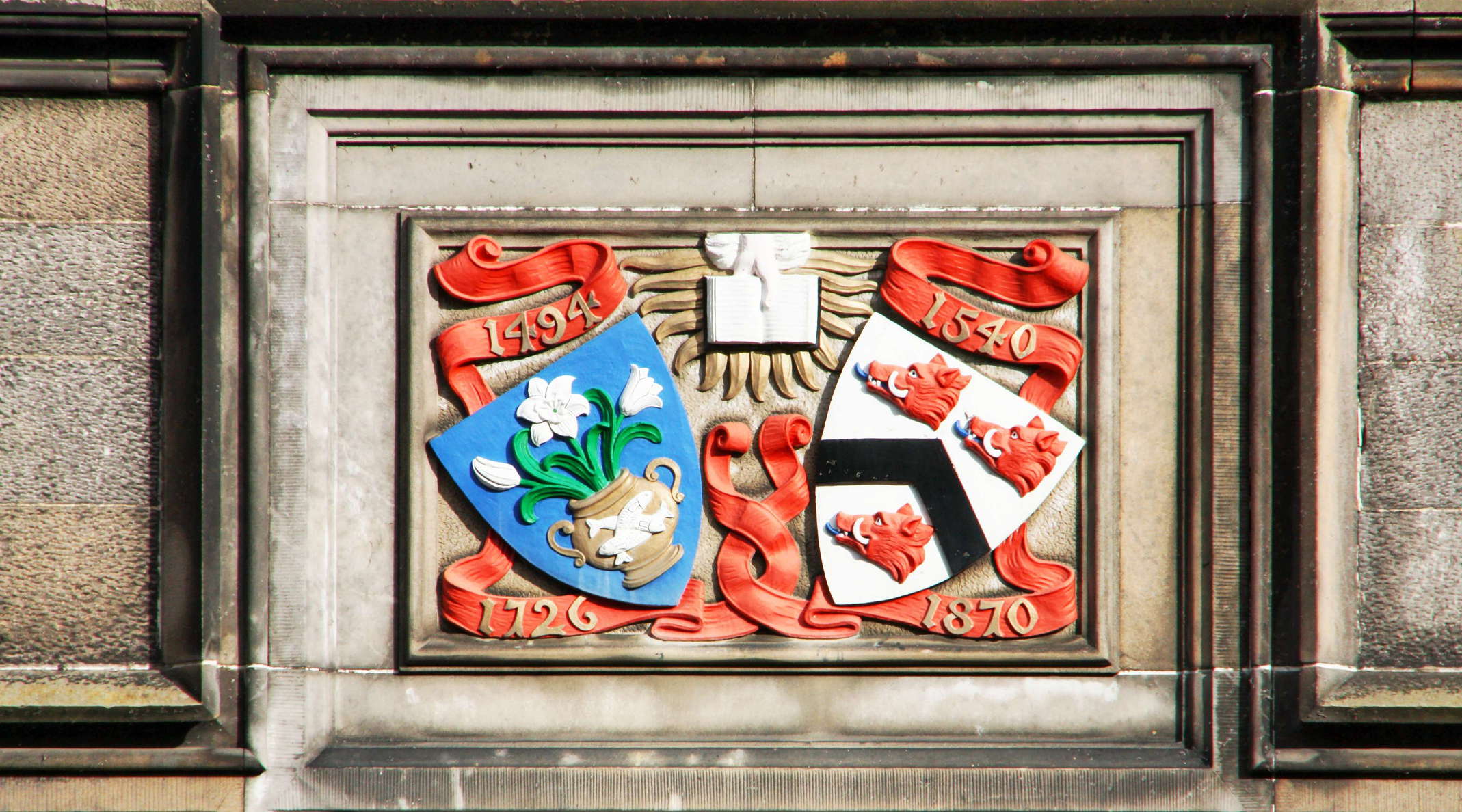 Coat of arms in the King's College Quadrangle. King's College was founded in 1495 and is now an integral part of the University of Aberdeen. WI_uks076.jpg