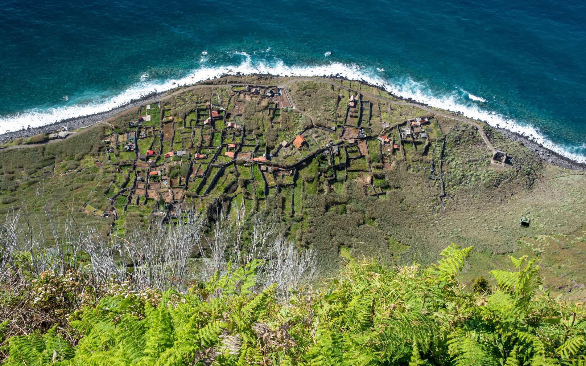 View from the upper cable car station down to the fields and gardens of Fajã Quebrada Nova at the bottom of a 500 m high, near-vertical coastal cliff. Use of the scarce space at the bottom of the cliff enables the farmers to grow different crops than can be cultivated at higher elevation in the direct surroundings of the village. WI_md062.jpg